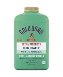 Front of Gold Bond Extra Strength Medicated Body Powder bottle 10oz